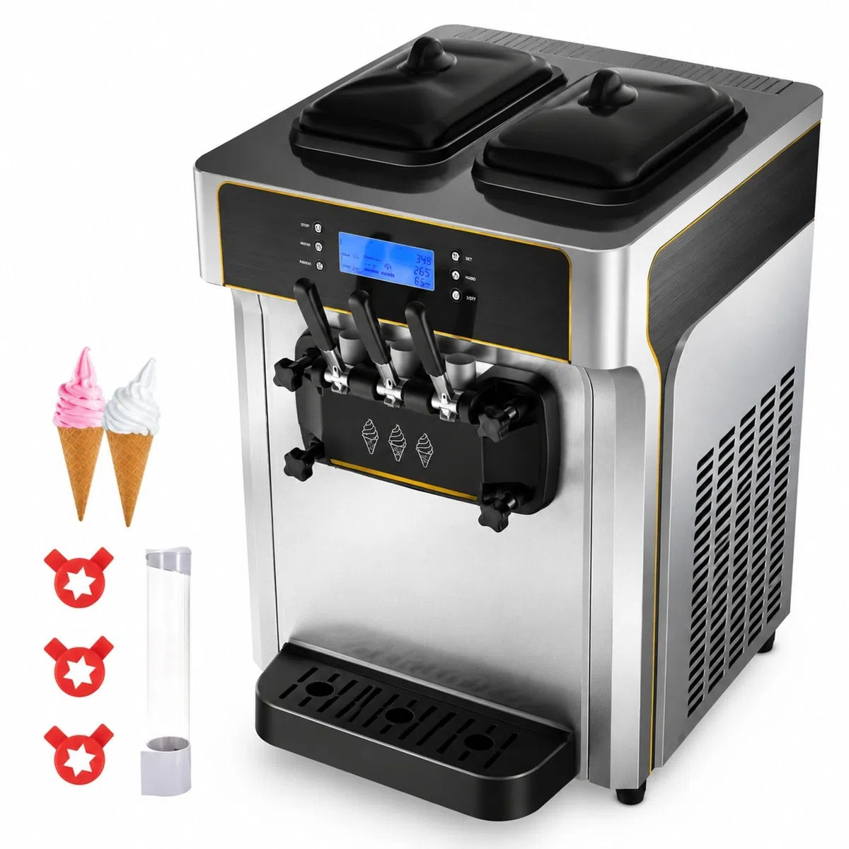Softeisgerät mit LCD-Anzeige, 3 Geschmacksrichtungen, 3 Düsen, Edelstahltrichter, Tischgerät für Gastronomie, Ausgabe 22-30 L/Std
