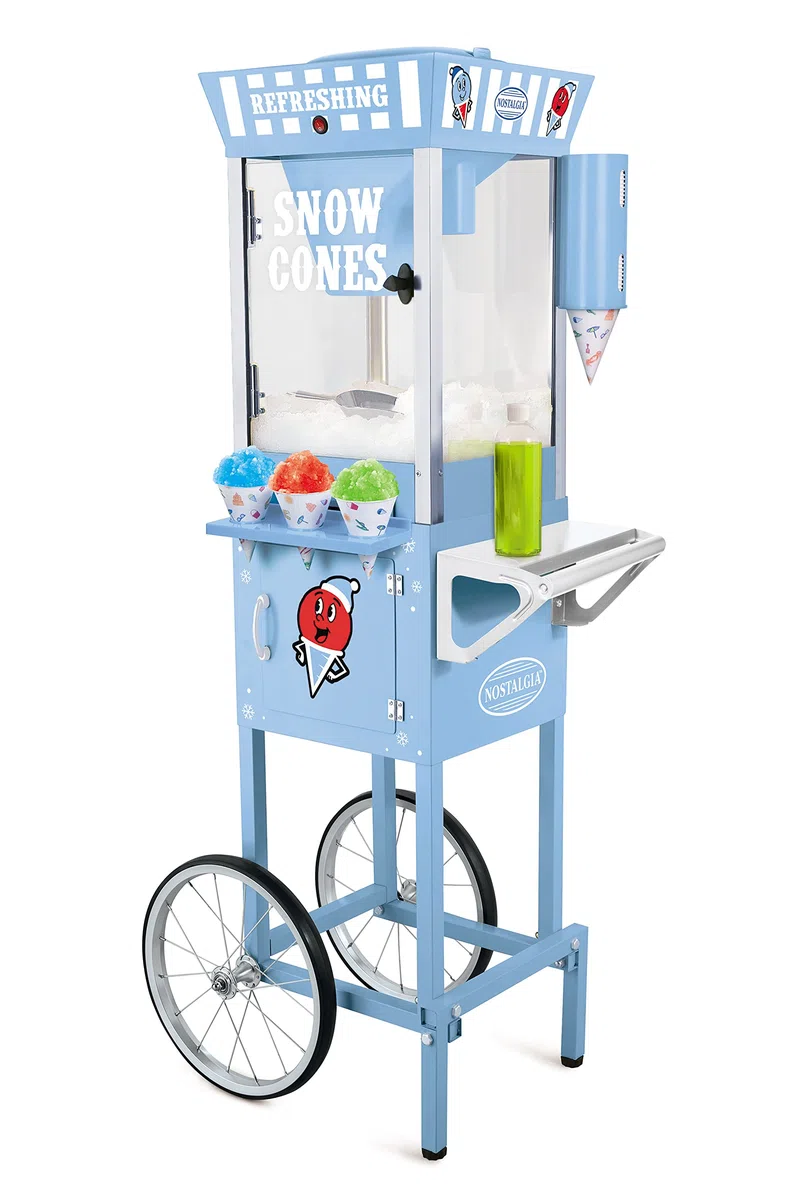 Nostalgia 137 cm hoher Schneekegelwagen, für 72 ICY Leckereien, inklusive Metallschaufel, 2 Sirupflaschen, 100 Pappbecher/Löffel, Ablagefach, Rollen für einfache Mobilität, Blau
